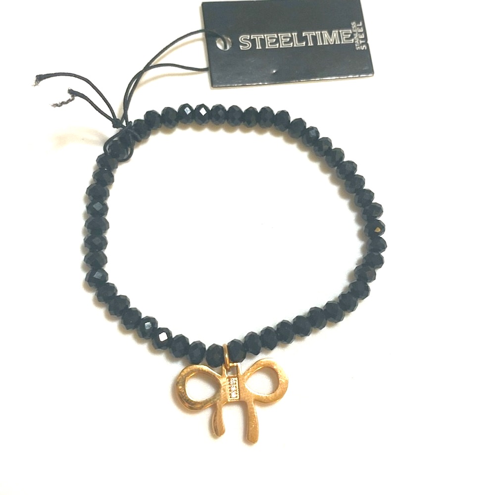 Steeltime 18k Rose Gold Plated Stainless Steel Stretchy Bracelet Black Cz 25$